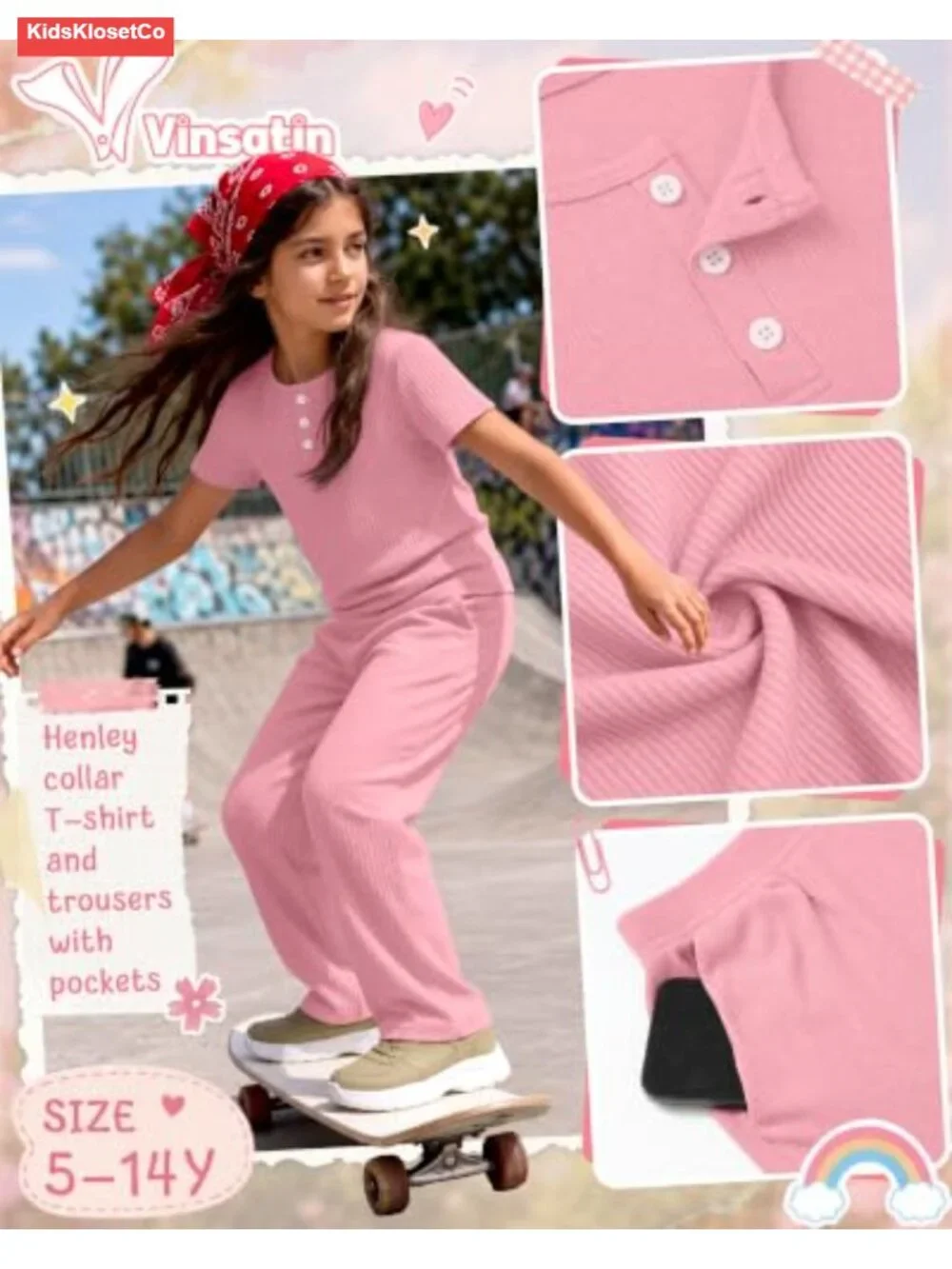 Girls 2 Piece Cotton Ribbed Outfit Set Short Sleeve Henley Top Pants
